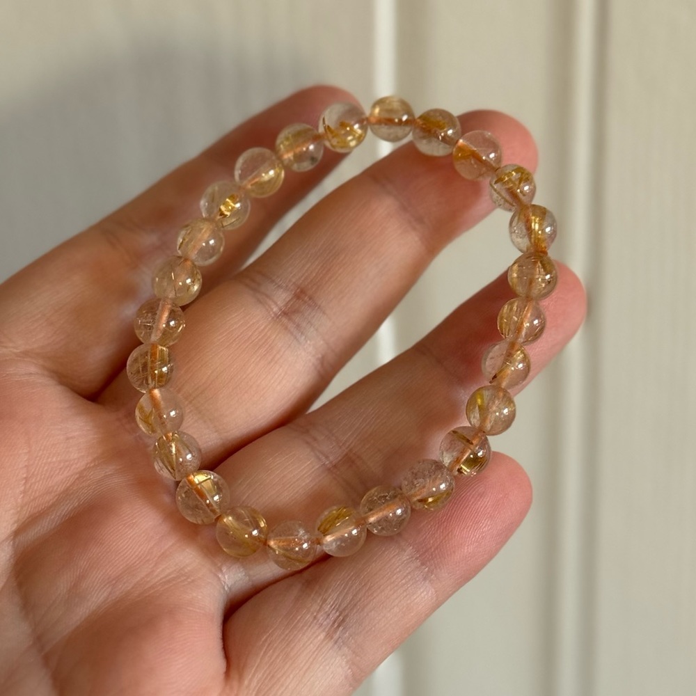 Natural Golden Rutilated Quartz Crystal Round Beaded Bracelet
